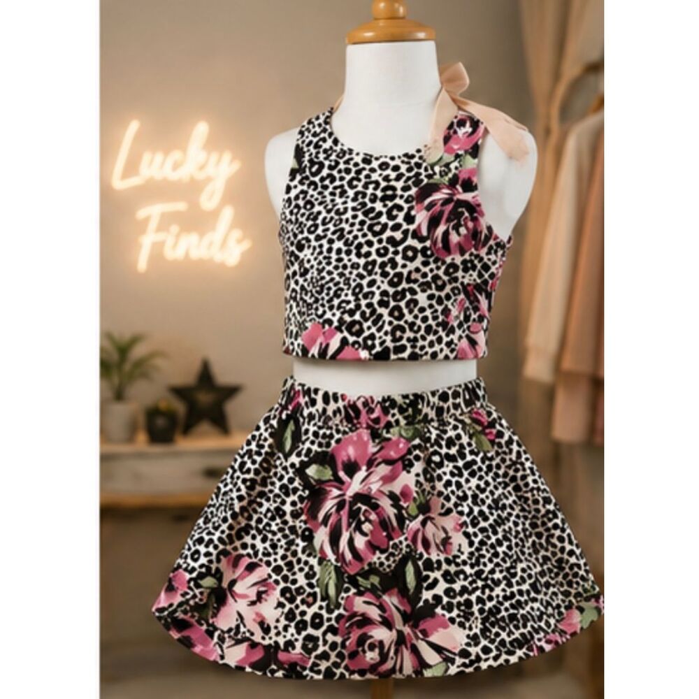Sequin Hearts Girls Size 14 Leopard Floral 2 Piece Crop Top Skirt Set NWT